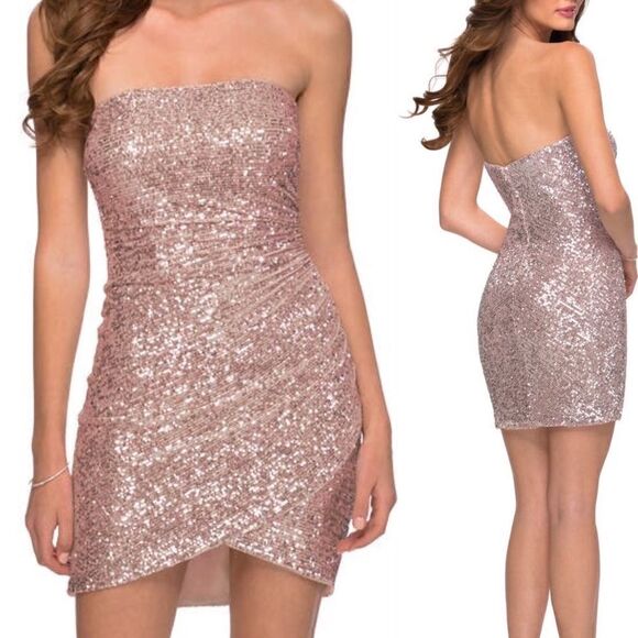 LA FEMME Strapless Rose Gold Sequin Sheath Dress - Picture 1 of 12